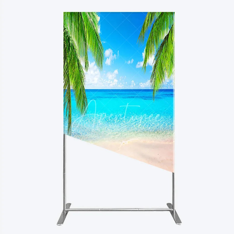 Aperturee - Aperturee Tropical Beach Rectangle Arch Backdrop with Palm Trees Clear Blue Ocean and Sunny Sky for Summer Party Decor