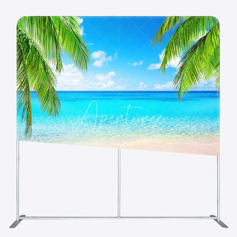Aperturee - Aperturee Tropical Beach Tension Fabric Backdrop Summer Ocean with Blue Sky and Palm Trees Paradise Island Photo Prop