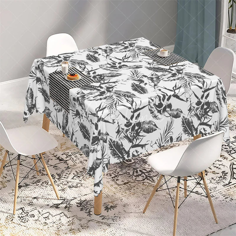 Aperturee - Aperturee Tropical Black and White Palm Leaf Rectangle Tablecloth Exotic Sketch Botanical Table Cover