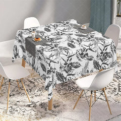 Aperturee - Aperturee Tropical Black and White Palm Leaf Rectangle Tablecloth Exotic Sketch Botanical Table Cover