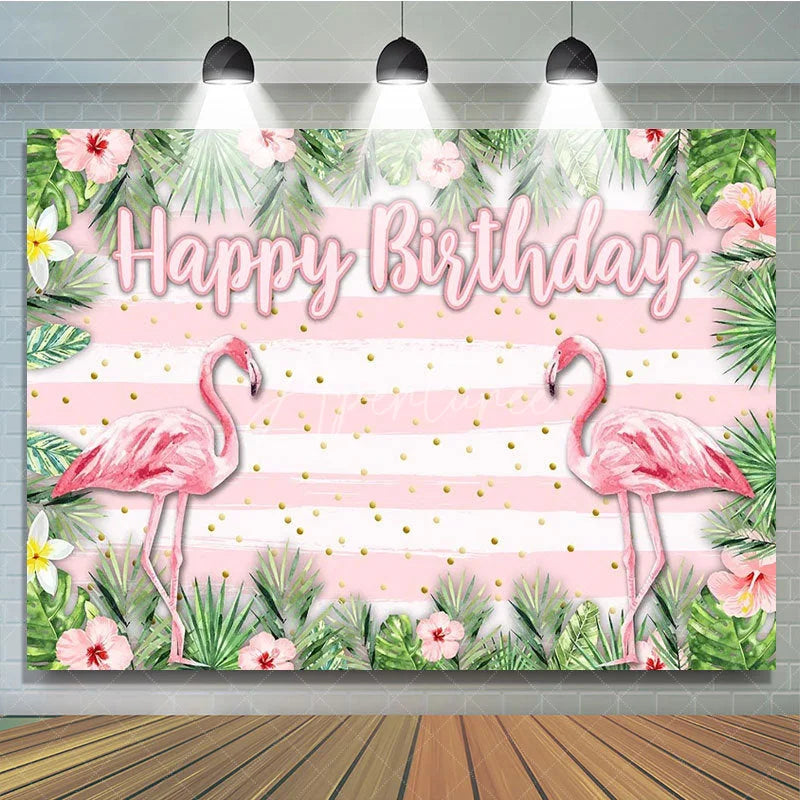 Aperturee - Aperturee Tropical Flamingo Happy Birthday Backdrop Summer Beach with Palm Leaves Hawaiian Luau Party Photo Booth Decor