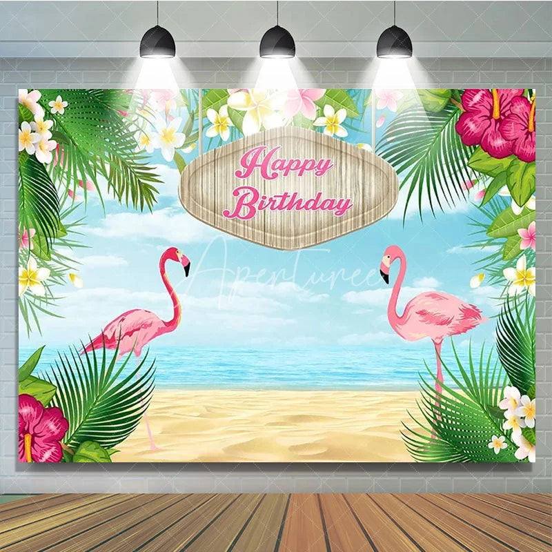 Aperturee - Aperturee Tropical Flamingo Happy Birthday Backdrop Summer Beach with Palm Leaves Hawaiian Luau Party Photo Booth Decor