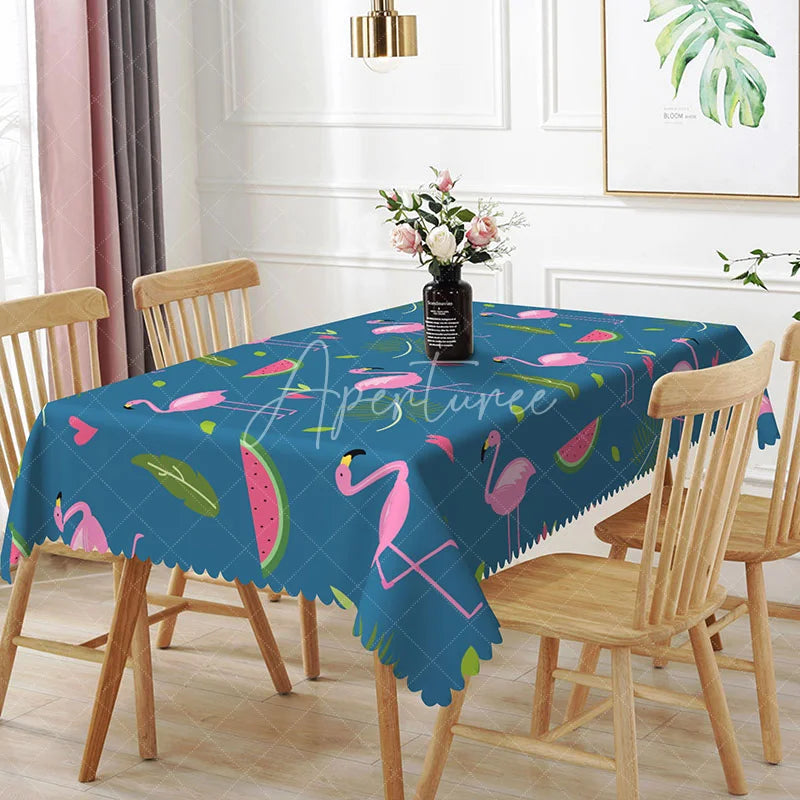Aperturee - Aperturee Tropical Flamingo Watermelon Rectangle Tablecloth Blue Summer Dining Table Cover for Party