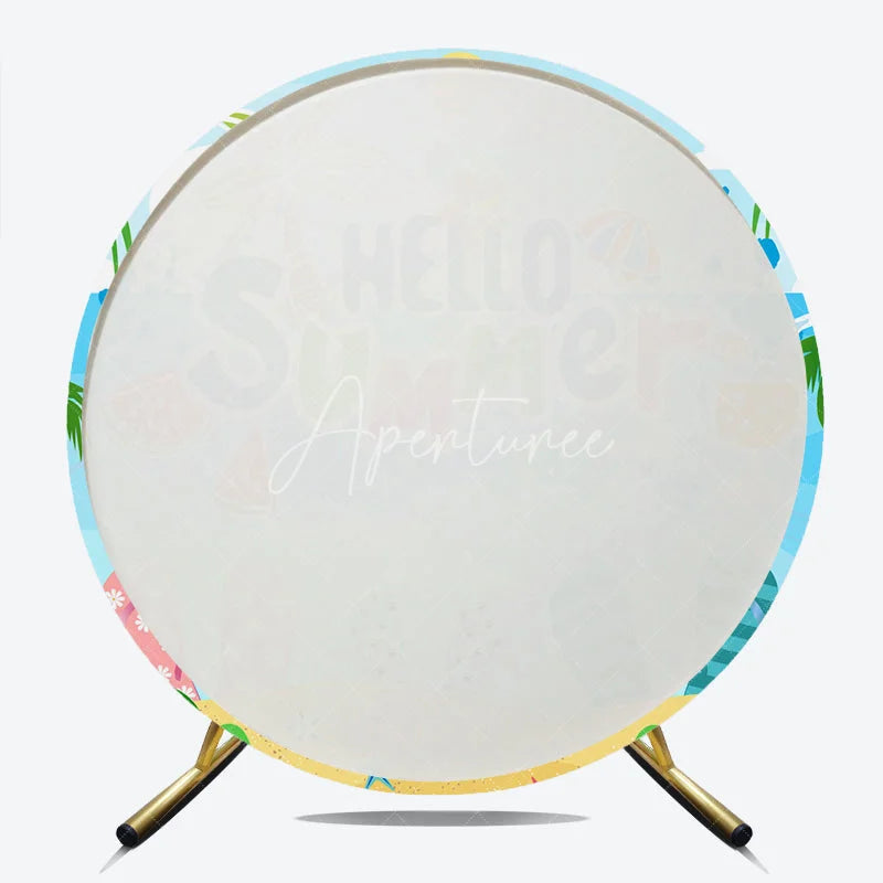 Aperturee - Aperturee Tropical Hello Summer Beach Round Backdrop Featuring Palm Trees and Flip-Flops for Vacation Party