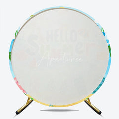 Aperturee - Aperturee Tropical Hello Summer Beach Round Backdrop Featuring Palm Trees and Flip-Flops for Vacation Party