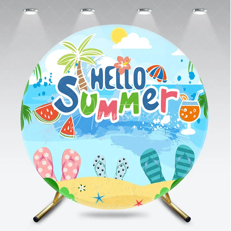 Aperturee - Aperturee Tropical Hello Summer Beach Round Backdrop Featuring Palm Trees and Flip-Flops for Vacation Party
