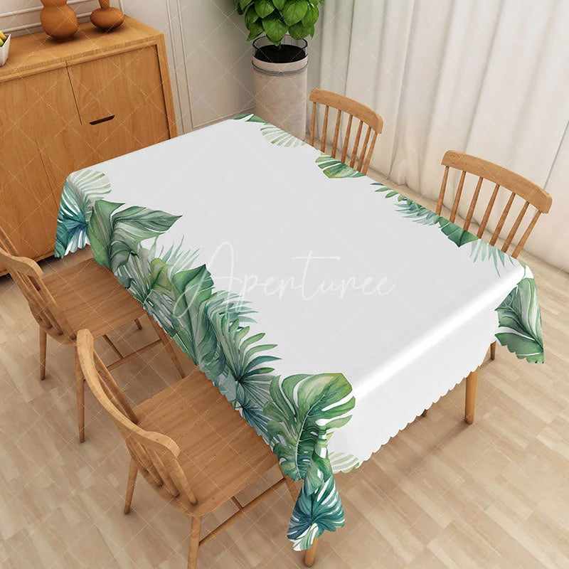 Aperturee - Aperturee Tropical Monstera and Palm Leaf Rectangle Tablecloth Watercolor Jungle Foliage Table Cover Luau Party Decor