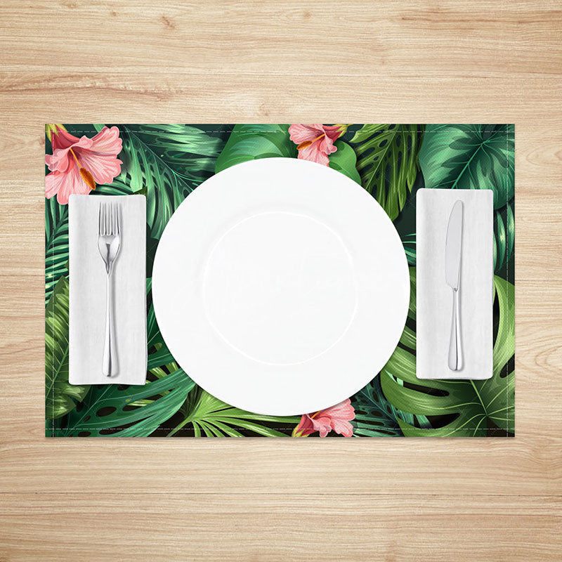 Aperturee - Aperturee Tropical Monstera Leaf Placemats Set of 4 Green Hawaiian Palm Leaves for Summer Luau Party Decor