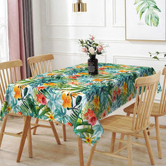 Aperturee - Aperturee Tropical Monstera Leaves Rectangle Tablecloth Green Jungle and Orange Hibiscus Pattern for Exotic Home Decor