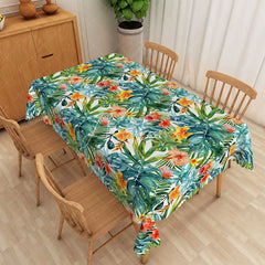 Aperturee - Aperturee Tropical Monstera Leaves Rectangle Tablecloth Green Jungle and Orange Hibiscus Pattern for Exotic Home Decor