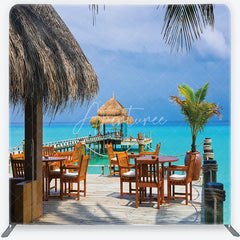 Aperturee - Aperturee Tropical Overwater Restaurant Square Double-Sided Backdrop featuring Turquoise Ocean and Thatched Roof Hut Decor