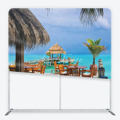 Aperturee - Aperturee Tropical Overwater Restaurant Square Double-Sided Backdrop featuring Turquoise Ocean and Thatched Roof Hut Decor