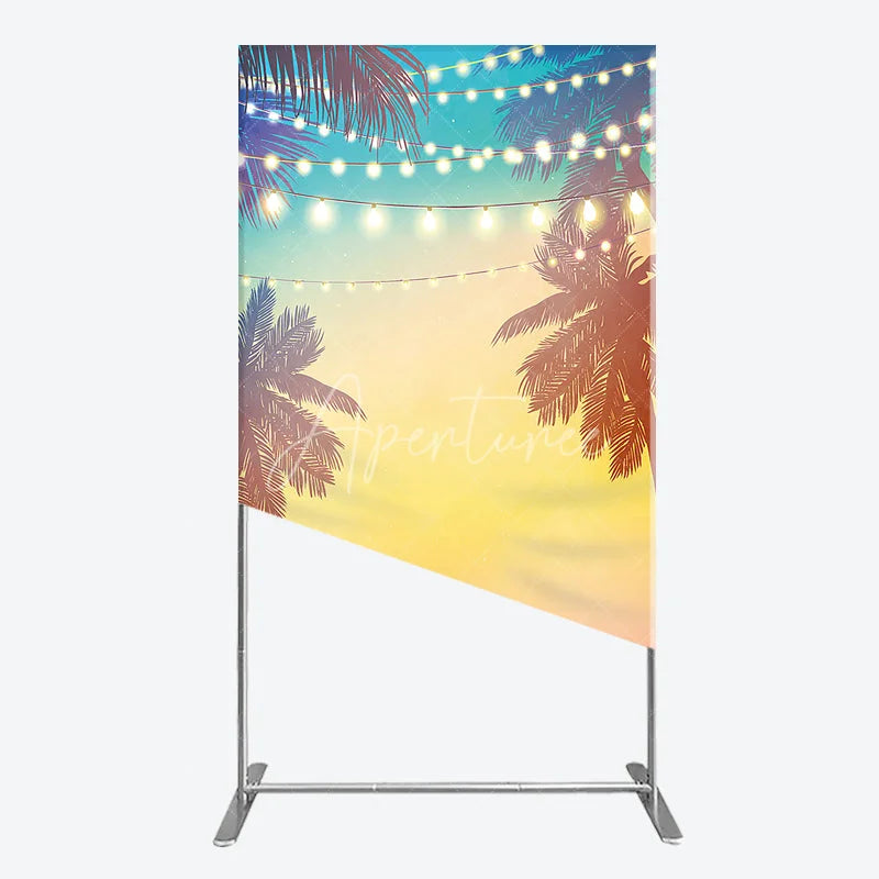 Aperturee - Aperturee Tropical Palm Trees and Fairy Lights Rectangle Arch Backdrop Vibrant Sunset Gradient Summer Party