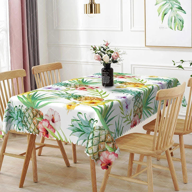 Aperturee - Aperturee Tropical Pineapple Hibiscus Floral Pattern Rectangle Tablecloth Summer Luau Decor Washable Kitchen Table Cover