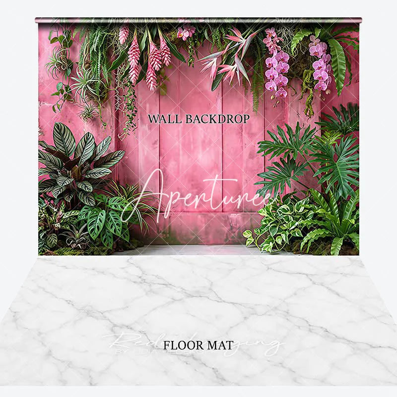 Aperturee - Aperturee Tropical Pink Wooden Wall and White Marble Floor Combo Set Backdrop Lush Green Foliage Photography Decor