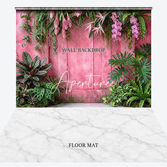 Aperturee - Aperturee Tropical Pink Wooden Wall and White Marble Floor Combo Set Backdrop Lush Green Foliage Photography Decor