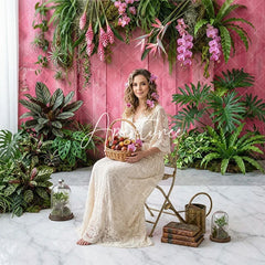 Aperturee - Aperturee Tropical Pink Wooden Wall and White Marble Floor Combo Set Backdrop Lush Green Foliage Photography Decor