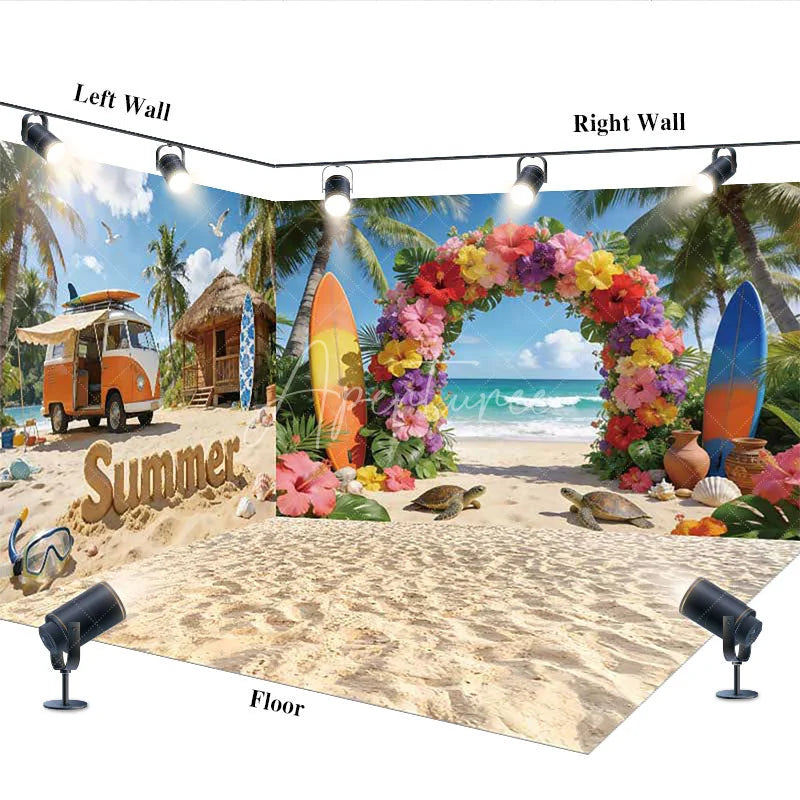 Aperturee - Aperturee Tropical Summer Beach with Surfboards Room Set Backdrop Vibrant Floral Arch Party Decor