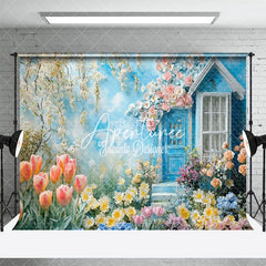 Aperturee - Aperturee Tulip Oil Painting Blue House Floral Spring Backdrop