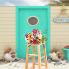 Aperturee - Aperturee Turquoise Door with Porthole and Wooden Wall Photography Backdrop Seaside Escape Beach Theme Decor for Summer Vacation