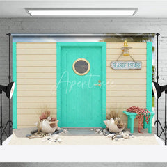 Aperturee - Aperturee Turquoise Door with Porthole and Wooden Wall Photography Backdrop Seaside Escape Beach Theme Decor for Summer Vacation