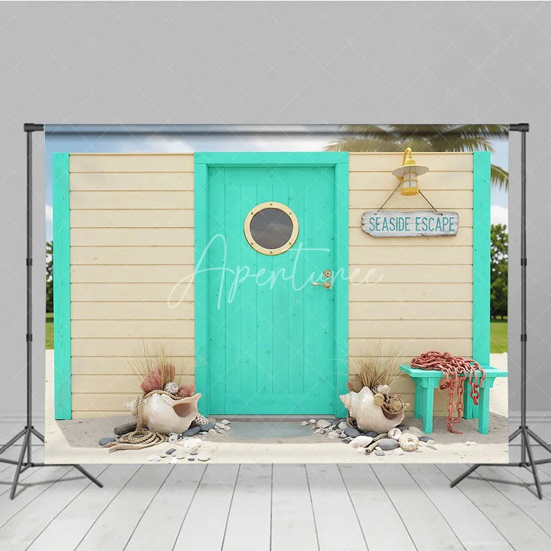 Aperturee - Aperturee Turquoise Door with Porthole and Wooden Wall Photography Backdrop Seaside Escape Beach Theme Decor for Summer Vacation