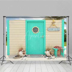 Aperturee - Aperturee Turquoise Door with Porthole and Wooden Wall Photography Backdrop Seaside Escape Beach Theme Decor for Summer Vacation
