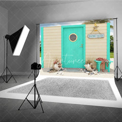 Aperturee - Aperturee Turquoise Door with Porthole and Wooden Wall Photography Backdrop Seaside Escape Beach Theme Decor for Summer Vacation