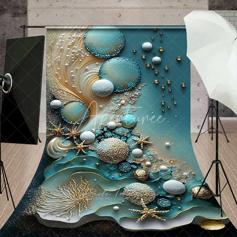 Aperturee - Aperturee Turquoise Water and Pearl Spheres Backdrop Gold Coral and Starfish Abstract Marine Photography Background