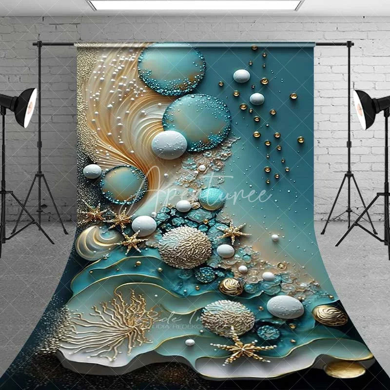 Aperturee - Aperturee Turquoise Water and Pearl Spheres Backdrop Gold Coral and Starfish Abstract Marine Photography Background
