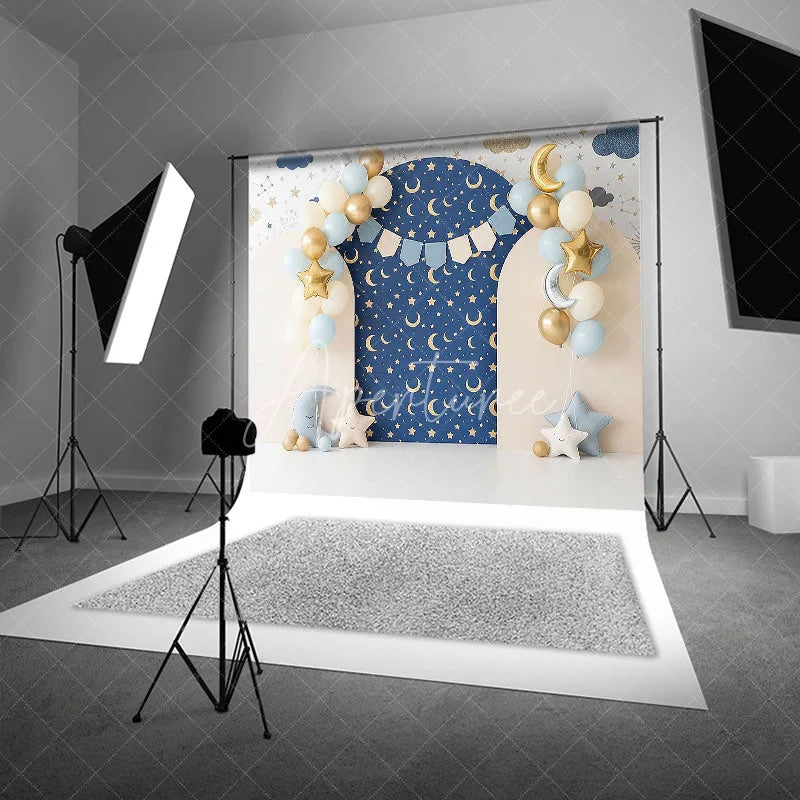 Aperturee - Aperturee Twinkle Twinkle Little Star Arch Backdrop Navy Blue and Gold Moon Night Sky Background for Boys Birthday