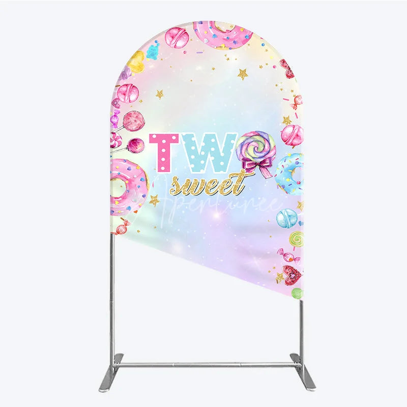 Aperturee - Aperturee Two Sweet Arched Backdrop for 2nd Birthday Candyland Donut Lollipop Party Pastel Rainbow Dessert Table Decor