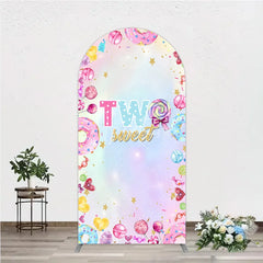 Aperturee - Aperturee Two Sweet Arched Backdrop for 2nd Birthday Candyland Donut Lollipop Party Pastel Rainbow Dessert Table Decor