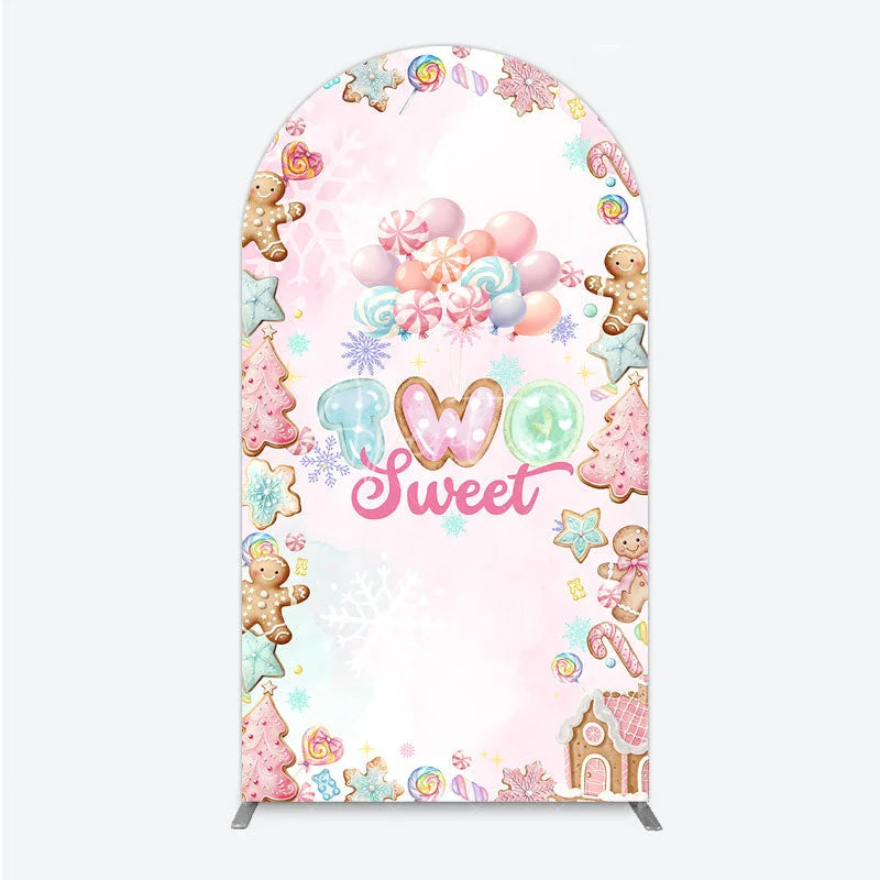 Aperturee - Aperturee Two Sweet Birthday Arch Backdrop for 2nd Birthday Winter Candyland with Gingerbread Christmas Sweet Shoppe Party