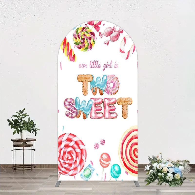 Aperturee - Aperturee Two Sweet Birthday Arch Backdrop Watercolor Donut Candy Party Decoration Girl 2nd Birthday Background
