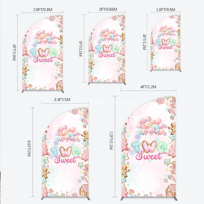 Aperturee - Aperturee Two Sweet Birthday Half Moon Arch Backdrop for 2nd Birthday Winter Candyland with Gingerbread Christmas Sweet Shoppe