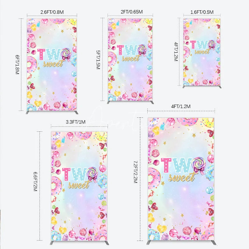 Aperturee - Aperturee Two Sweet Rectangleed Backdrop for 2nd Birthday Candyland Donut Lollipop Party Pastel Rainbow Dessert Table Decor