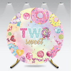 Aperturee - Aperturee Two Sweet Round Backdrop for 2nd Birthday Party Donut and Lollipop Candyland Theme Photo Booth Decor for Girls