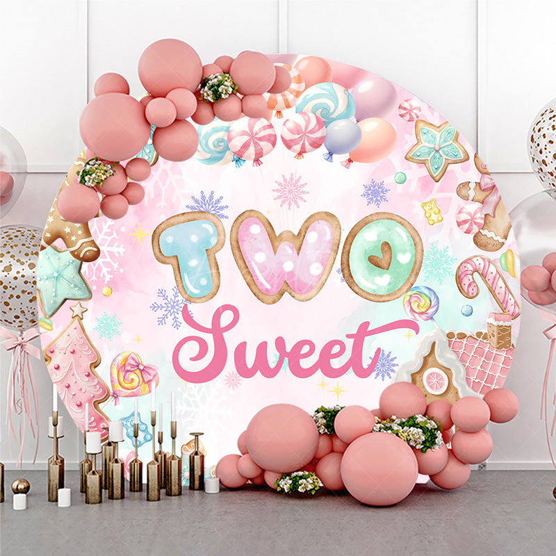 Aperturee - Aperturee Two Sweet Winter Candyland Round Backdrop Gingerbread and Cookies 2nd Birthday Christmas Themed Party Decor