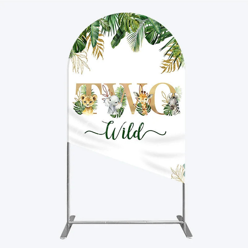 Aperturee - Aperturee Two Wild Safari Animals Birthday Arch Backdrop Jungle Tropical Palm Leaves 2nd Birthday Party Background