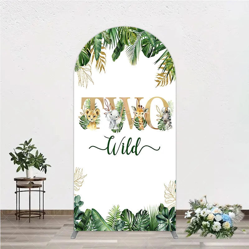 Aperturee - Aperturee Two Wild Safari Animals Birthday Arch Backdrop Jungle Tropical Palm Leaves 2nd Birthday Party Background