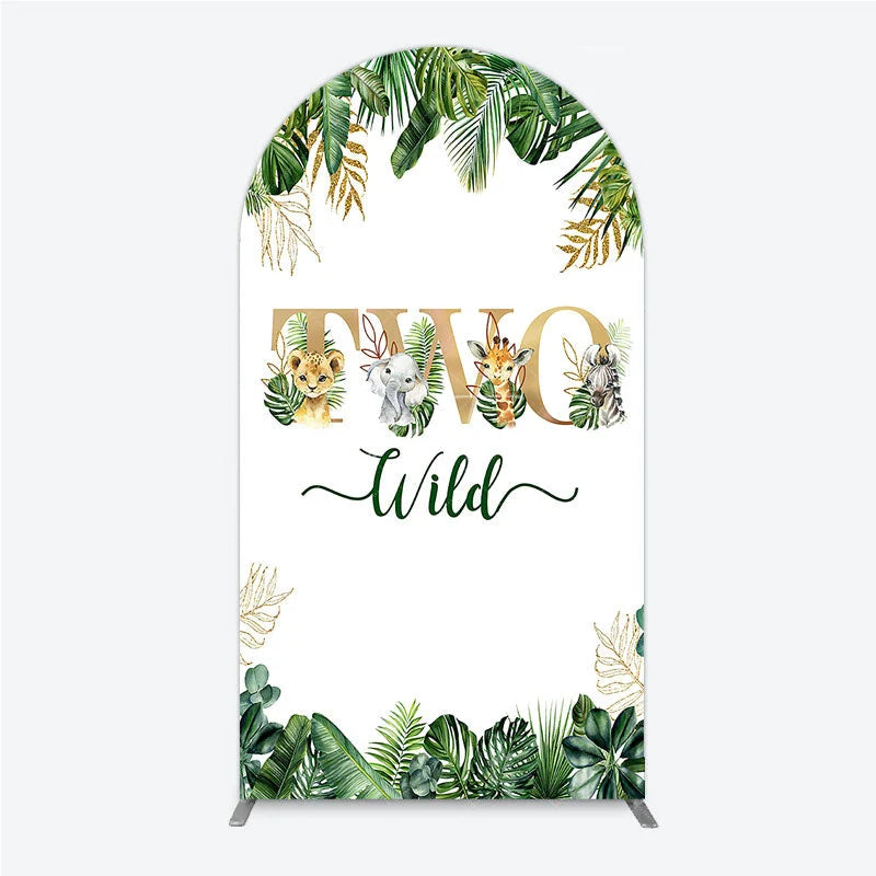 Aperturee - Aperturee Two Wild Safari Animals Birthday Arch Backdrop Jungle Tropical Palm Leaves 2nd Birthday Party Background