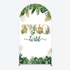 Aperturee - Aperturee Two Wild Safari Animals Birthday Arch Backdrop Jungle Tropical Palm Leaves 2nd Birthday Party Background