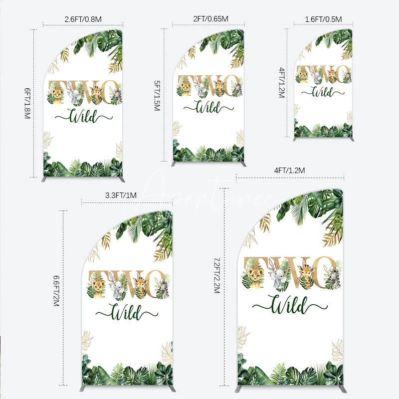Aperturee - Aperturee Two Wild Safari Animals Birthday Half Moon Arch Backdrop Jungle Tropical Palm Leaves 2nd Birthday Party Background