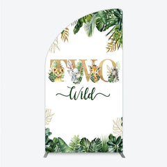 Aperturee - Aperturee Two Wild Safari Animals Birthday Half Moon Arch Backdrop Jungle Tropical Palm Leaves 2nd Birthday Party Background