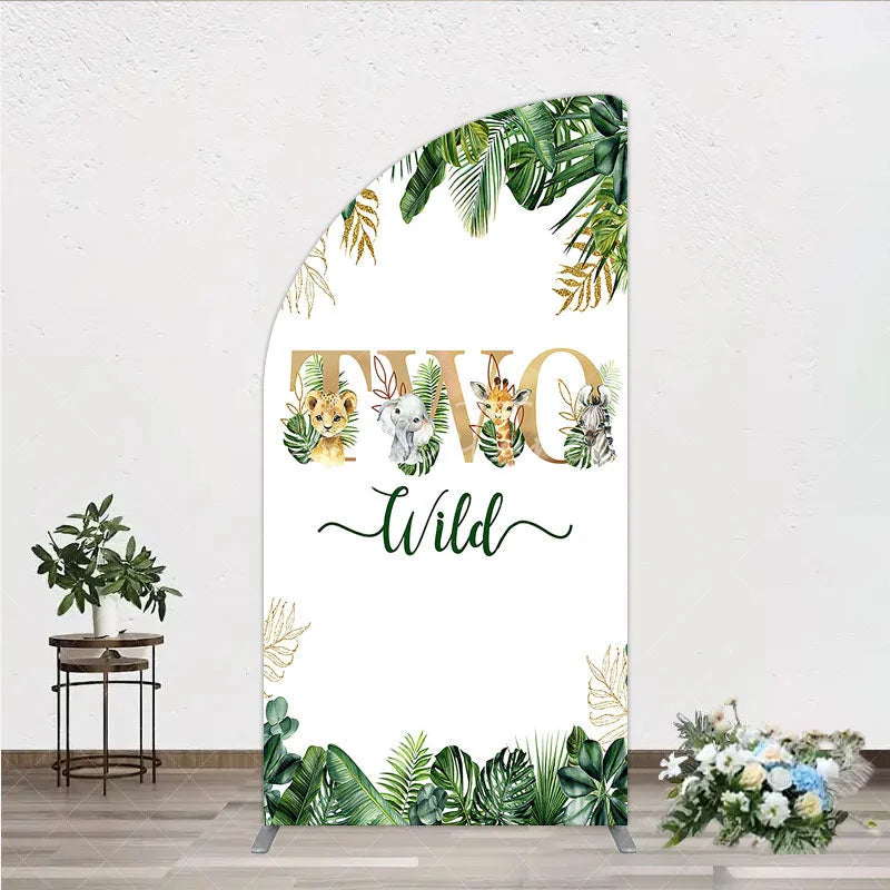Aperturee - Aperturee Two Wild Safari Animals Birthday Half Moon Arch Backdrop Jungle Tropical Palm Leaves 2nd Birthday Party Background