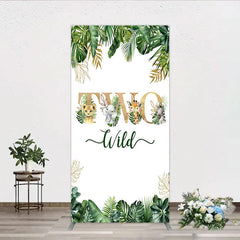 Aperturee - Aperturee Two Wild Safari Animals Birthday Rectangle Backdrop Jungle Tropical Palm Leaves 2nd Birthday Party Background