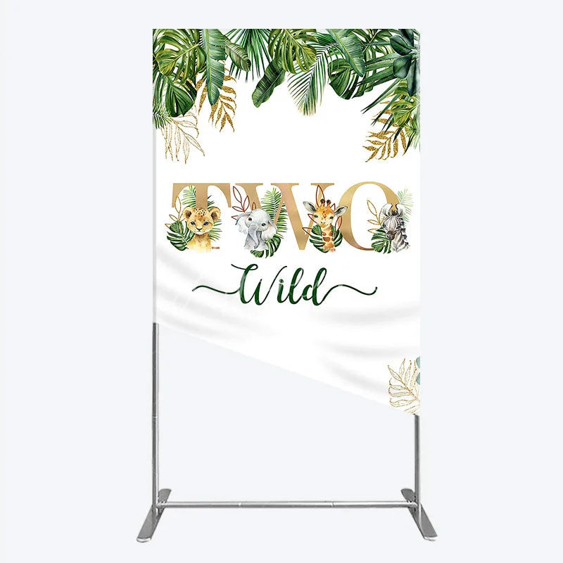 Aperturee - Aperturee Two Wild Safari Animals Birthday Rectangle Backdrop Jungle Tropical Palm Leaves 2nd Birthday Party Background