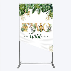 Aperturee - Aperturee Two Wild Safari Animals Birthday Rectangle Backdrop Jungle Tropical Palm Leaves 2nd Birthday Party Background