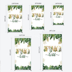 Aperturee - Aperturee Two Wild Safari Animals Birthday Rectangle Backdrop Jungle Tropical Palm Leaves 2nd Birthday Party Background